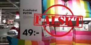 Falsk bild på regnbågskudde som kallas Putin.