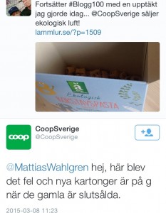 Skärmdump från Twitter om pasta