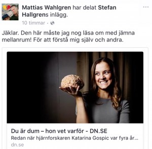 Jag har gjort en så kallad "skärmdump" från mitt facebookflöde. Jag hoppas därmed att Dagens Nyheter inte misstycker då bilden i fråga trots allt ligger i länken från deras artikel. Men... annars tar jag görna bort den. Det här är lite av en gråzon faktiskt...