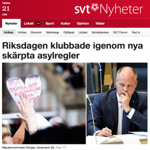 Taximil från Sveriges televisions hemsida, med nyheten om riksdagens nya asylregler. 