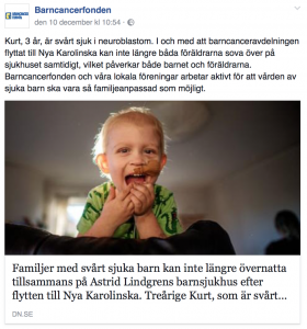 Faximil från Barncancerfondens  facebooksida, länkad till en artikel från Dagens Nyheter.