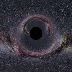 Ett svart hål i den oändliga rymden. Bilden är tagen och länkar till Wikipedia, där bilden presenteras under CC BY-SA 2.5. Upphovsmän är "Ute Kraus, Physics education group Kraus, Universität Hildesheim, Space Time Travel, (background image of the milky way: Axel Mellinger) - Gallery of Space Time Travel".